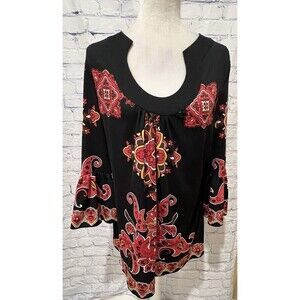 INC International Concepts Shift Dress Black Red Yellow 3/4 Belle Sleeves Large